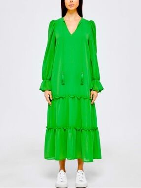 Never Fully Dressed Green Tiered Maxi Dress Size 16 Tassels Resortwear Vacation